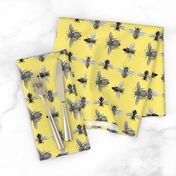  Honey Bees, Black and White Vintage Insects on Buttery Yellow