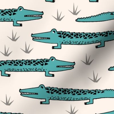 crocodiles // teal and off-white turquoise crocodile fabric boys nursery baby reptiles design cute animals fabric andrea lauren fabric andrea lauren design