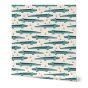 crocodiles // teal and off-white turquoise crocodile fabric boys nursery baby reptiles design cute animals fabric andrea lauren fabric andrea lauren design