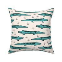 crocodiles // teal and off-white turquoise crocodile fabric boys nursery baby reptiles design cute animals fabric andrea lauren fabric andrea lauren design