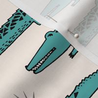 crocodiles // teal and off-white turquoise crocodile fabric boys nursery baby reptiles design cute animals fabric andrea lauren fabric andrea lauren design