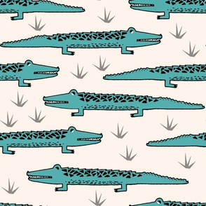 crocodiles // teal and off-white turquoise crocodile fabric boys nursery baby reptiles design cute animals fabric andrea lauren fabric andrea lauren design
