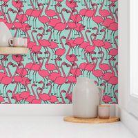 Flock of Flamingo - Pale Turquoise/French Rose by Andrea Lauren