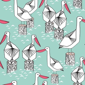 Pelicans - Pale Turquoise/French Rose/White by Andrea Lauren