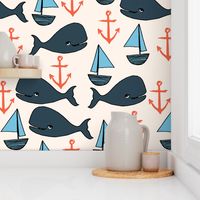 nautical whales // nautical ocean coral blue fabric cute nautical whales andrea lauren fabric andrea lauren design 