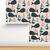 nautical whales // nautical ocean coral blue fabric cute nautical whales andrea lauren fabric andrea lauren design 