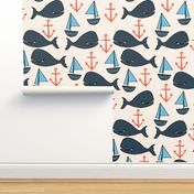 nautical whales // nautical ocean coral blue fabric cute nautical whales andrea lauren fabric andrea lauren design 