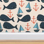 nautical whales // nautical ocean coral blue fabric cute nautical whales andrea lauren fabric andrea lauren design 