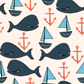 nautical whales // nautical ocean coral blue fabric cute nautical whales andrea lauren fabric andrea lauren design 