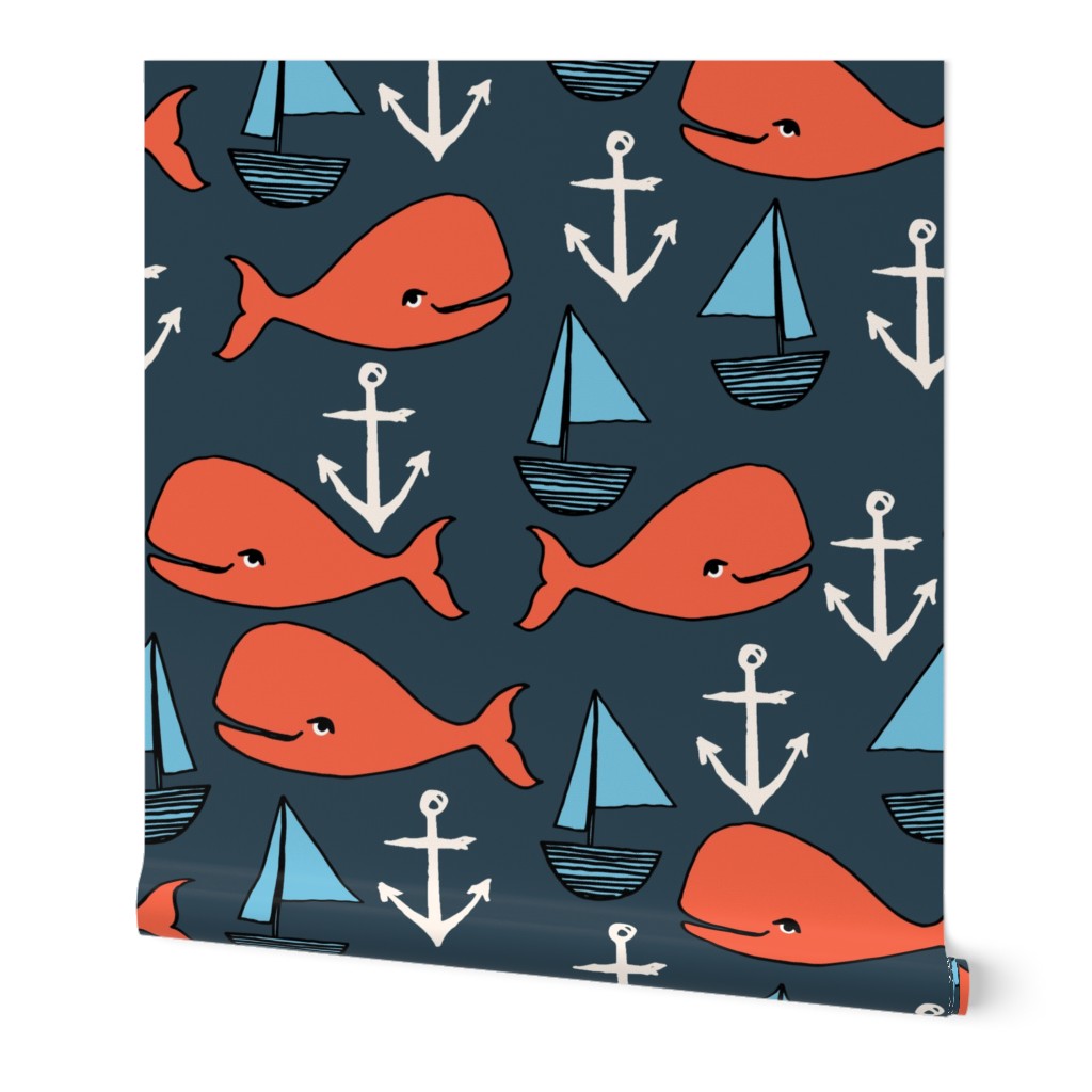 nautical whales // orange and dark navy blue kids nautical fabric whales ocean anchors fabric andrea lauren fabric andrea lauren design