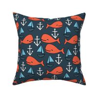 nautical whales // orange and dark navy blue kids nautical fabric whales ocean anchors fabric andrea lauren fabric andrea lauren design