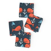 nautical whales // orange and dark navy blue kids nautical fabric whales ocean anchors fabric andrea lauren fabric andrea lauren design