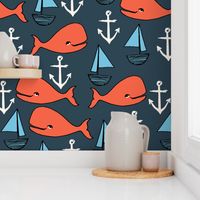 nautical whales // orange and dark navy blue kids nautical fabric whales ocean anchors fabric andrea lauren fabric andrea lauren design