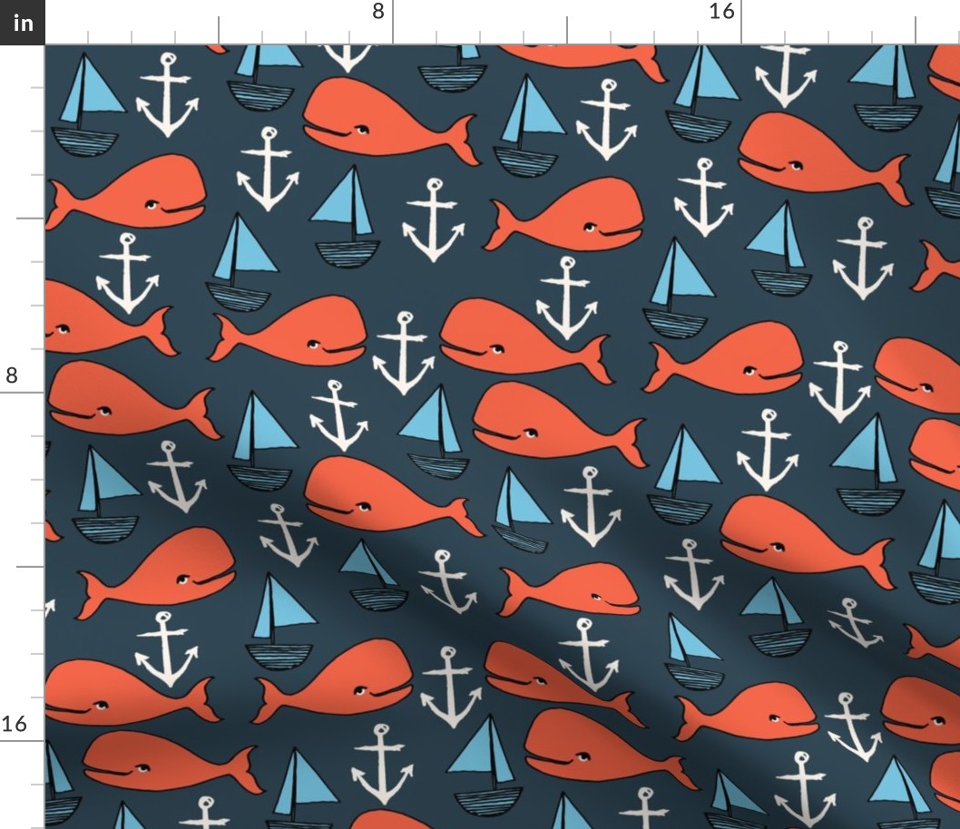 nautical whales // orange and dark navy blue kids nautical fabric whales ocean anchors fabric andrea lauren fabric andrea lauren design