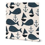 nautical whales // dark navy blue and cream kids nautical ocean anchors nautical nursery fabric andrea lauren fabric cute andrea lauren design