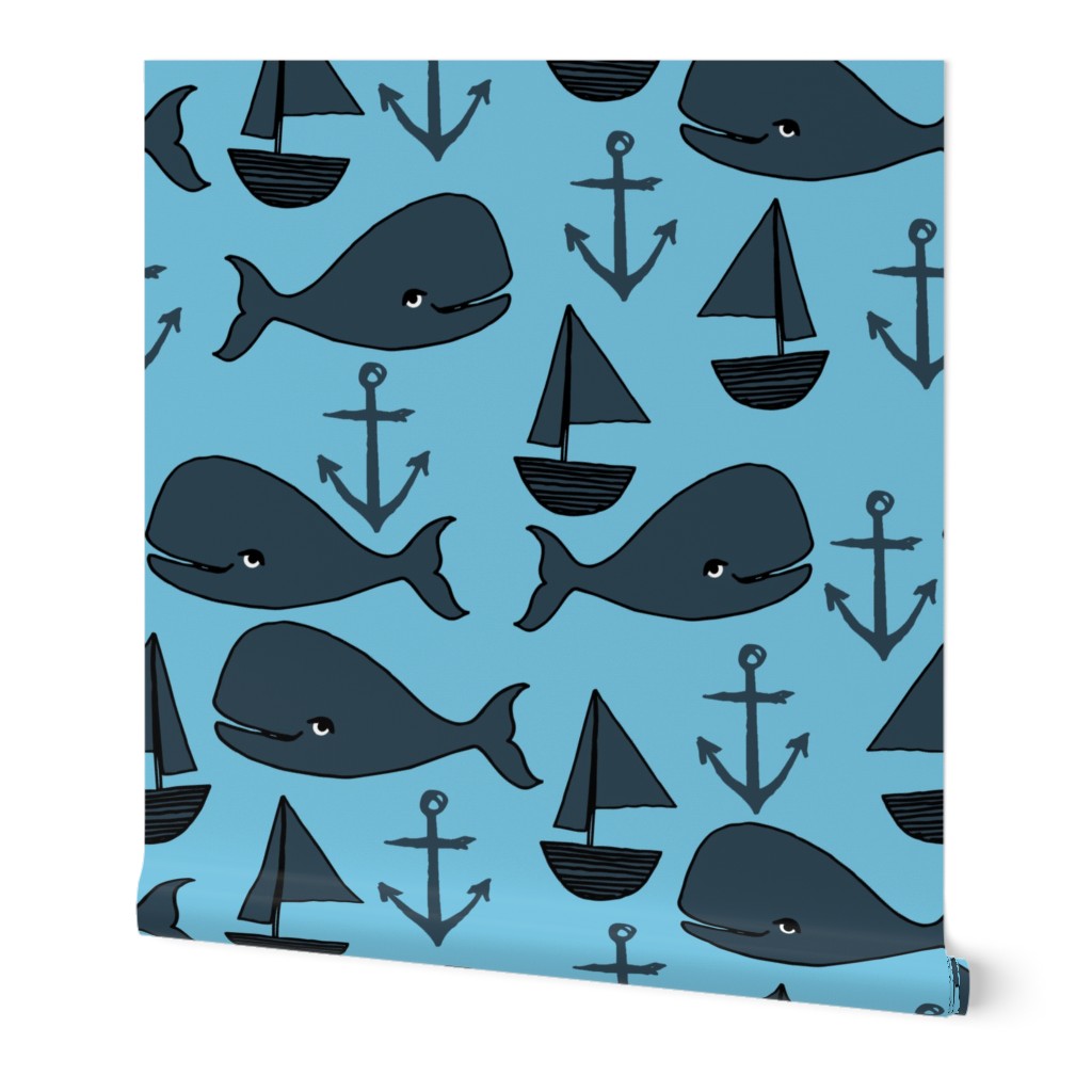 nautical whales // navy blue and soft blue nursery baby cute baby whale ocean animals cute fabric anchors sailboats andrea lauren design