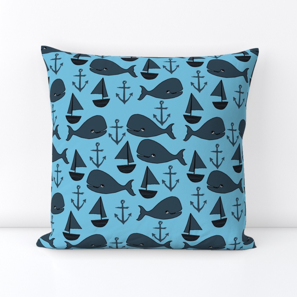 nautical whales // navy blue and soft blue nursery baby cute baby whale ocean animals cute fabric anchors sailboats andrea lauren design