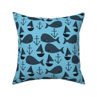 nautical whales // navy blue and soft blue nursery baby cute baby whale ocean animals cute fabric anchors sailboats andrea lauren design