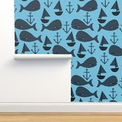 nautical whales // navy blue and soft blue nursery baby cute baby whale ocean animals cute fabric anchors sailboats andrea lauren design