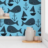 nautical whales // navy blue and soft blue nursery baby cute baby whale ocean animals cute fabric anchors sailboats andrea lauren design