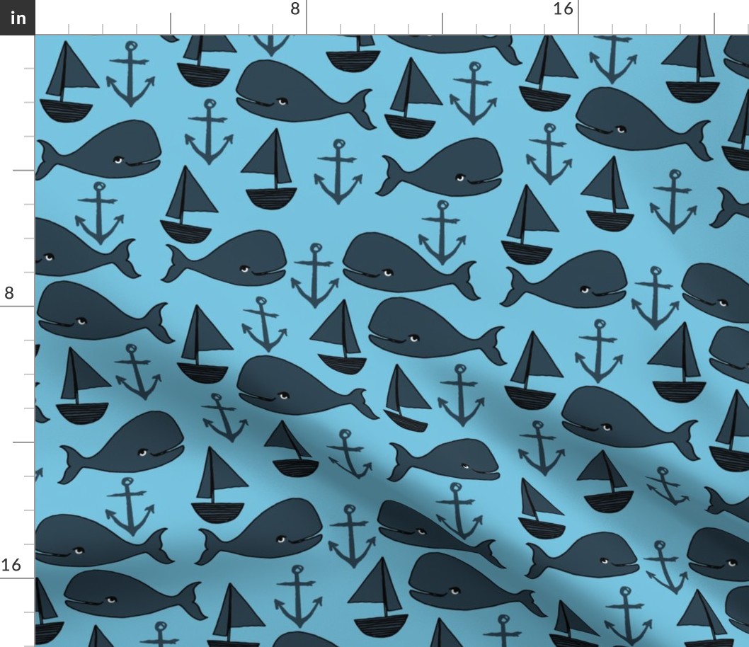 nautical whales // navy blue and soft blue nursery baby cute baby whale ocean animals cute fabric anchors sailboats andrea lauren design