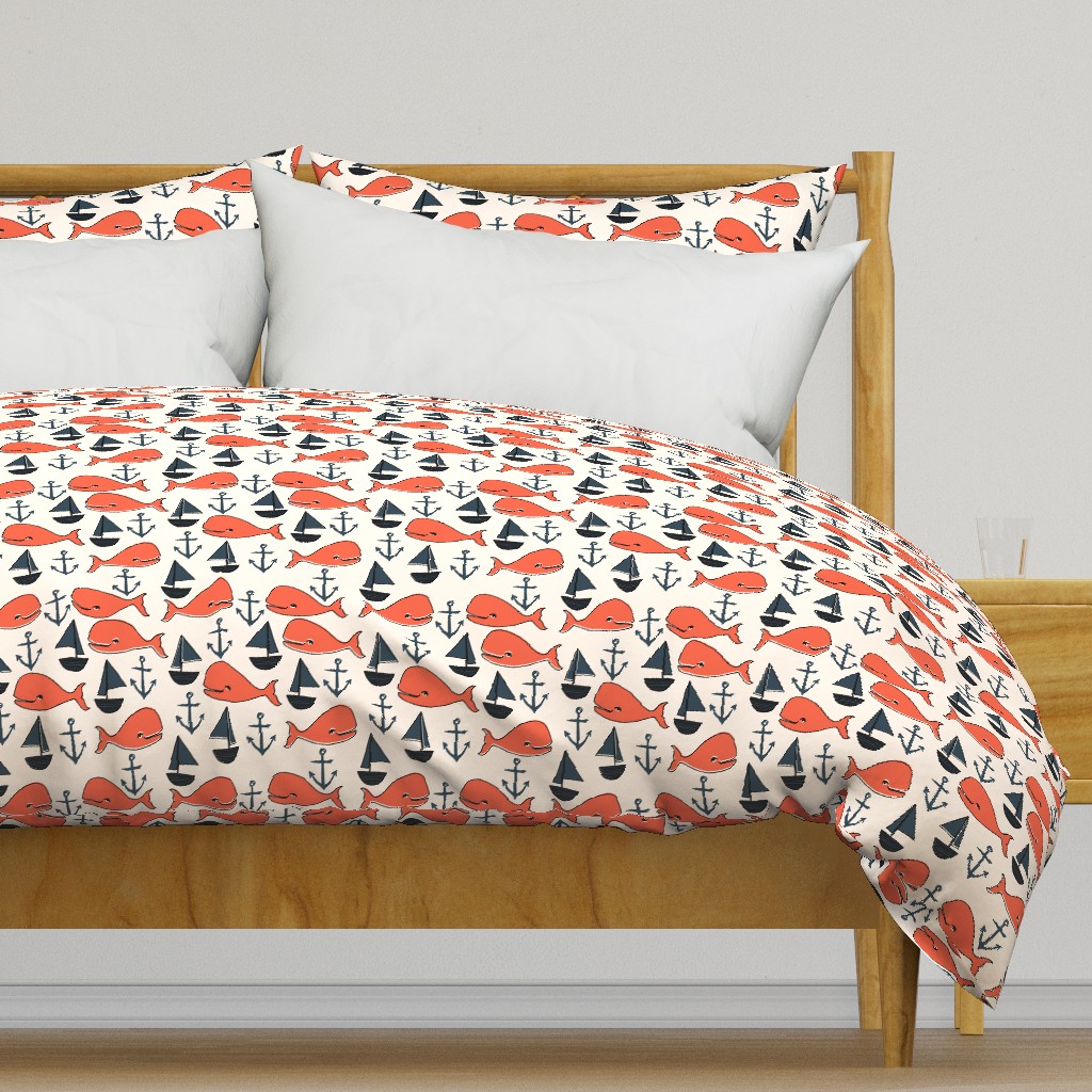 nautical whales // orange cream and dark navy blue kids nautical nursery fabric cute ocean nautical