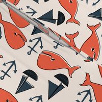 nautical whales // orange cream and dark navy blue kids nautical nursery fabric cute ocean nautical