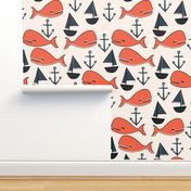 nautical whales // orange cream and dark navy blue kids nautical nursery fabric cute ocean nautical