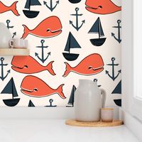 nautical whales // orange cream and dark navy blue kids nautical nursery fabric cute ocean nautical