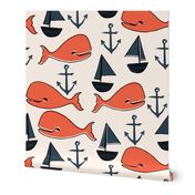 nautical whales // orange cream and dark navy blue kids nautical nursery fabric cute ocean nautical