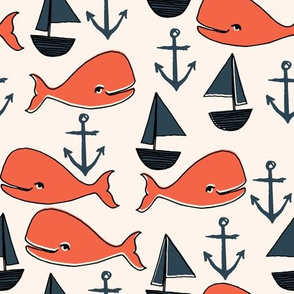 nautical whales // orange cream and dark navy blue kids nautical nursery fabric cute ocean nautical