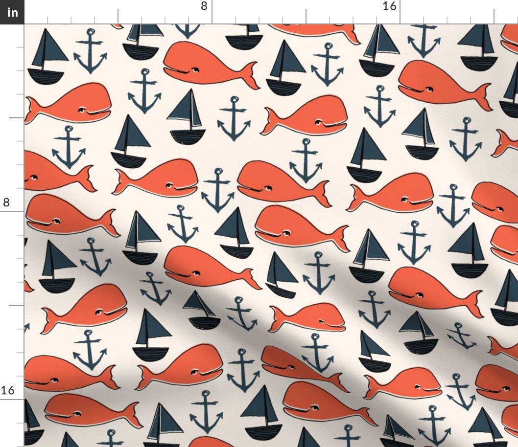 nautical whales // orange cream and dark navy blue kids nautical nursery fabric cute ocean nautical