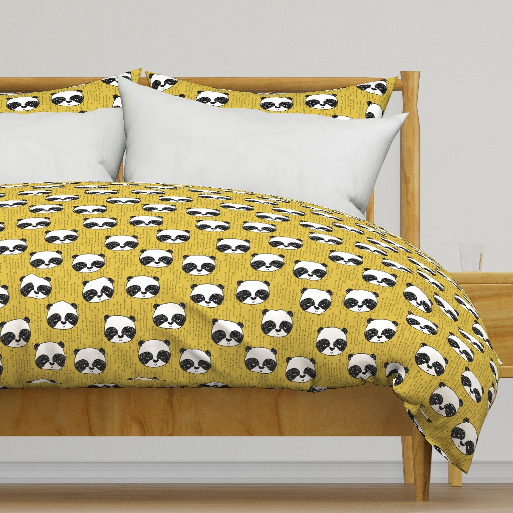 panda // mustard yellow pandas fabric cute illustrated panda bear fabric kawaii fabric andrea lauren