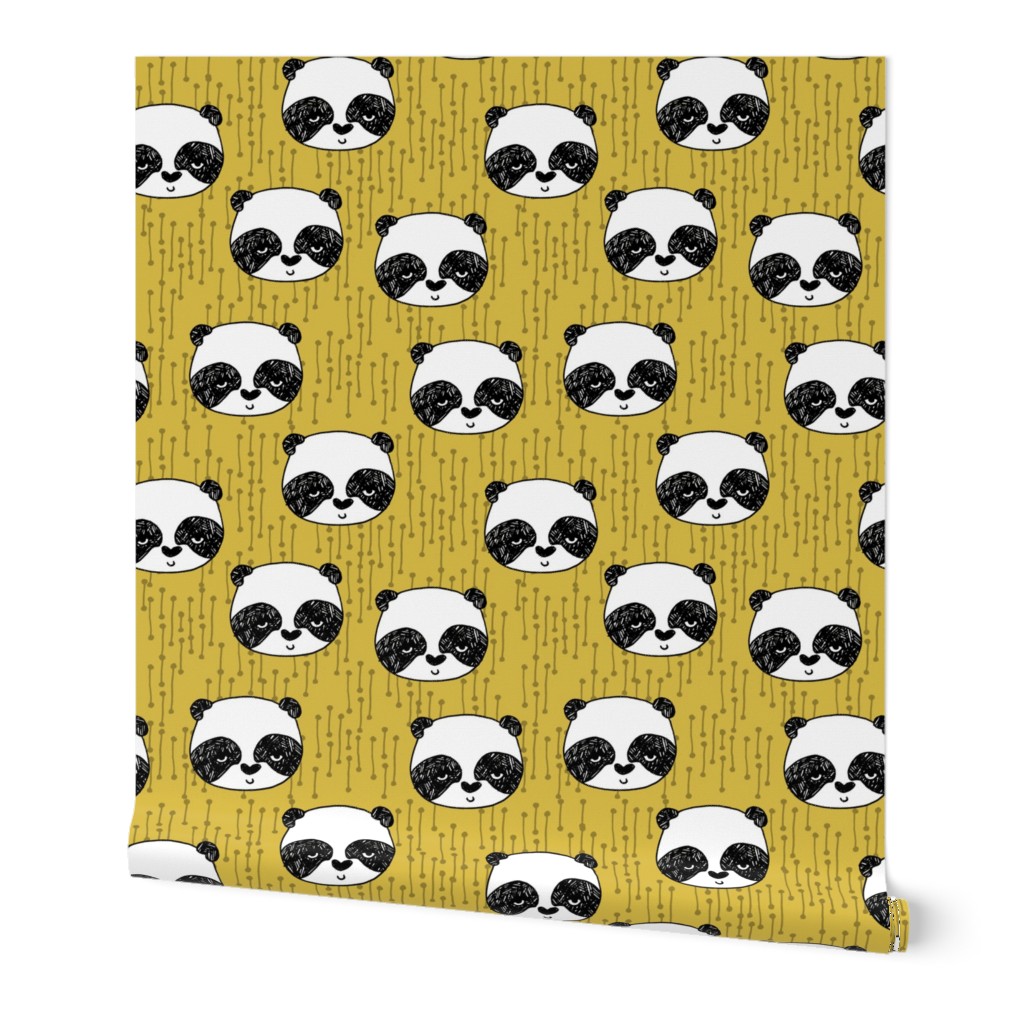 panda // mustard yellow pandas fabric cute illustrated panda bear fabric kawaii fabric andrea lauren