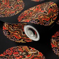 royal orange red novelty thrones embroidery asian japanese china chinese oriental cheongsam kimono dragon clouds fire sun imperial chinoiserie kings queens museum traditional rank regal korean kabuki geisha yuan ming qing dynasty tapestry vintage emperor 