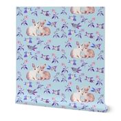 Bunnies in Love Garden, Blue Purple Floral