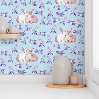 Bunnies in Love Garden, Blue Purple Floral