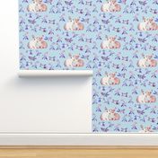 Bunnies in Love Garden, Blue Purple Floral