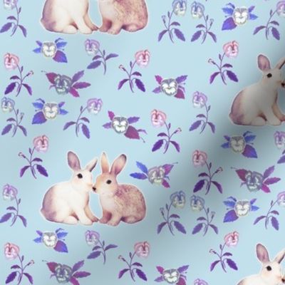 Bunnies in Love Garden, Blue Purple Floral