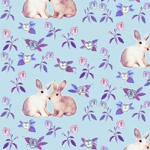 Bunnies in Love Garden, Blue Purple Floral