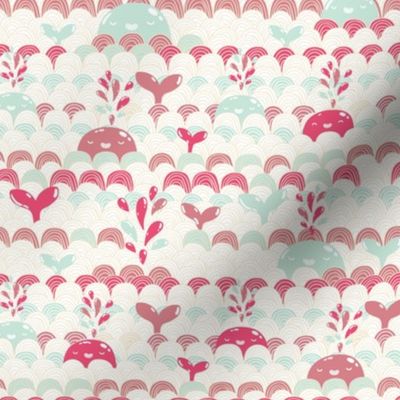 Cute pink and mint whales and waves. Sea and ocean fabric pattern design by @kostolom3000