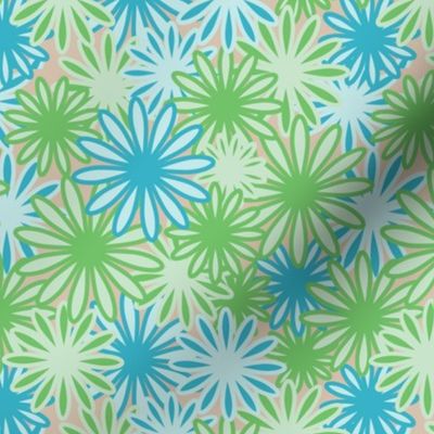 Hippie-Dippie daisies -- greens and blues on beige