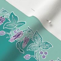 Naturalistic-flower-border dress-fabric-whtlns-VECTOR-mgrn-lavs-SAGE-w-sprigs-150-12x60in-WAVY-rotated