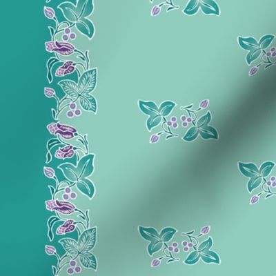 Naturalistic-flower-border dress-fabric-whtlns-VECTOR-mgrn-lavs-SAGE-w-sprigs-150-12x60in-WAVY-rotated