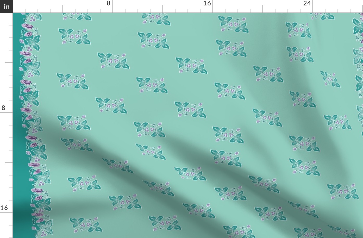 Naturalistic-flower-border dress-fabric-whtlns-VECTOR-mgrn-lavs-SAGE-w-sprigs-150-12x60in-WAVY-rotated