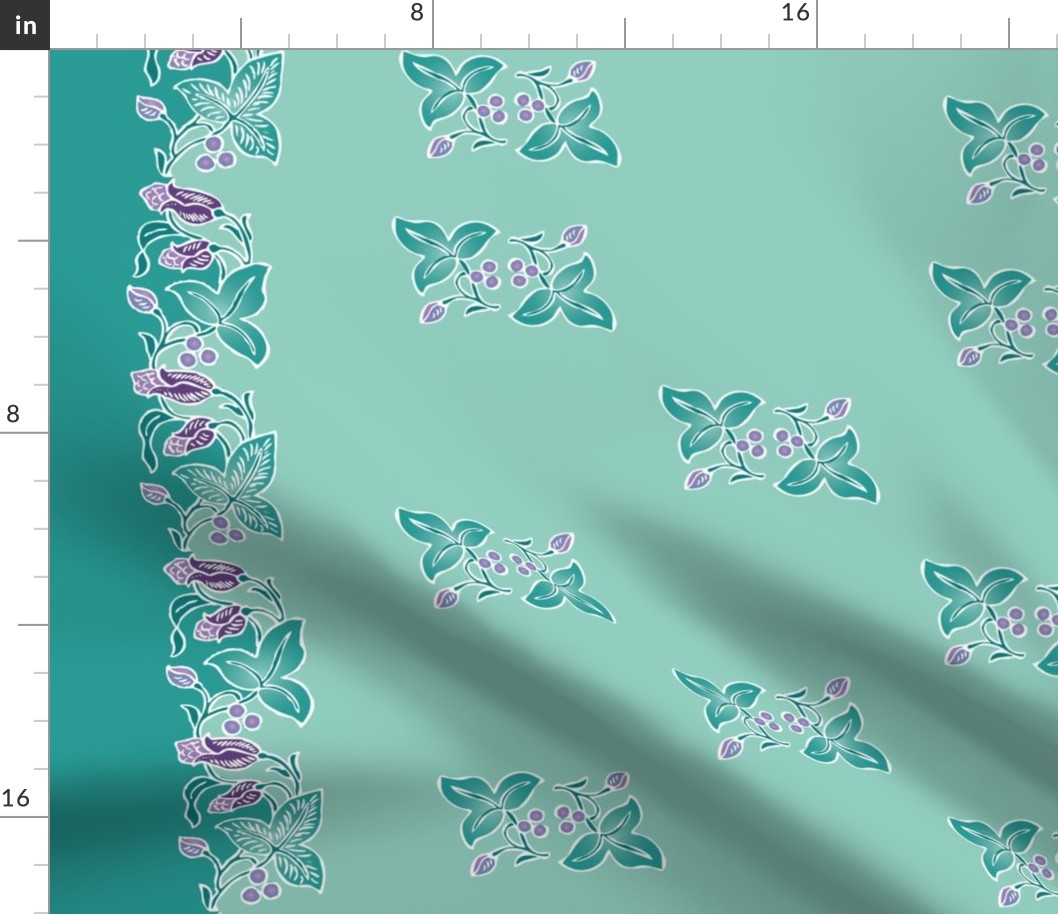 Naturalistic-flower-border dress-fabric-whtlns-VECTOR-mgrn-lavs-SAGE-w-sprigs-300-12x54in-WAVY-rotated
