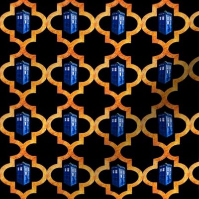 Blue Police Box Doors Orange Black Quatrefoil