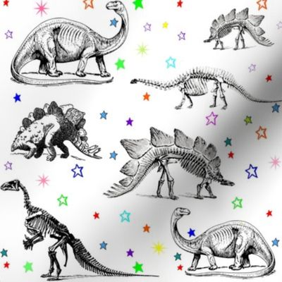 Dinosaur Skeletons on Rainbow Stars, Black and White Dino