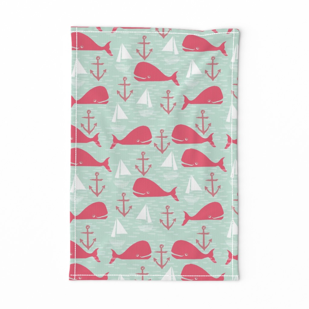 Anchors Away!  Whales // pink and green whale nautical fabric cute whales ocean sailbaots