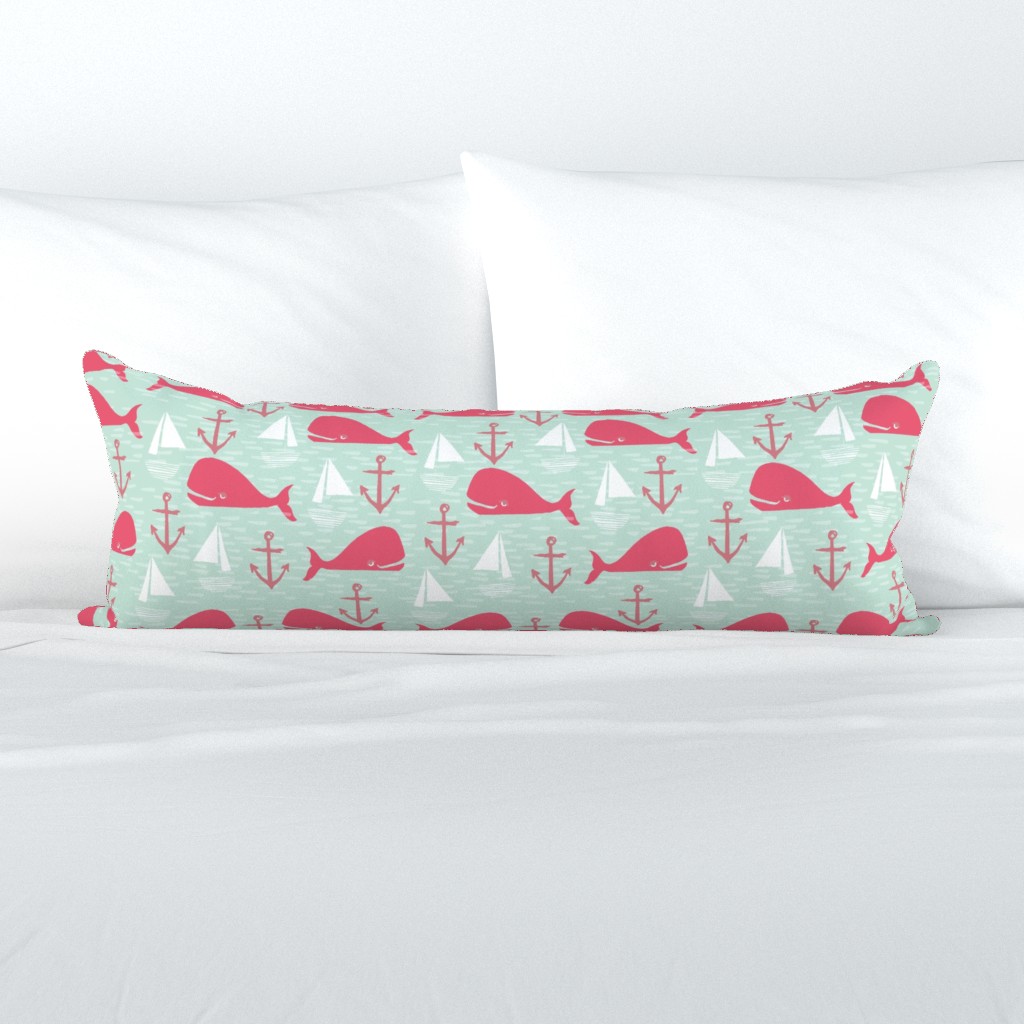 Anchors Away!  Whales // pink and green whale nautical fabric cute whales ocean sailbaots